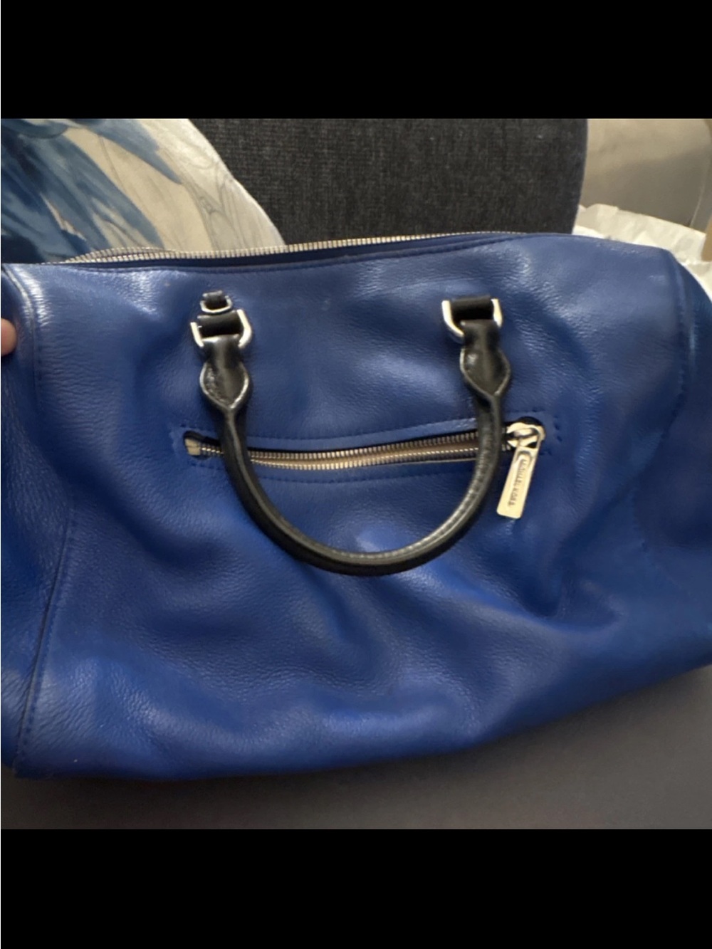 Cobalt Blue Leather Satchel with Black Handles Michael Khors